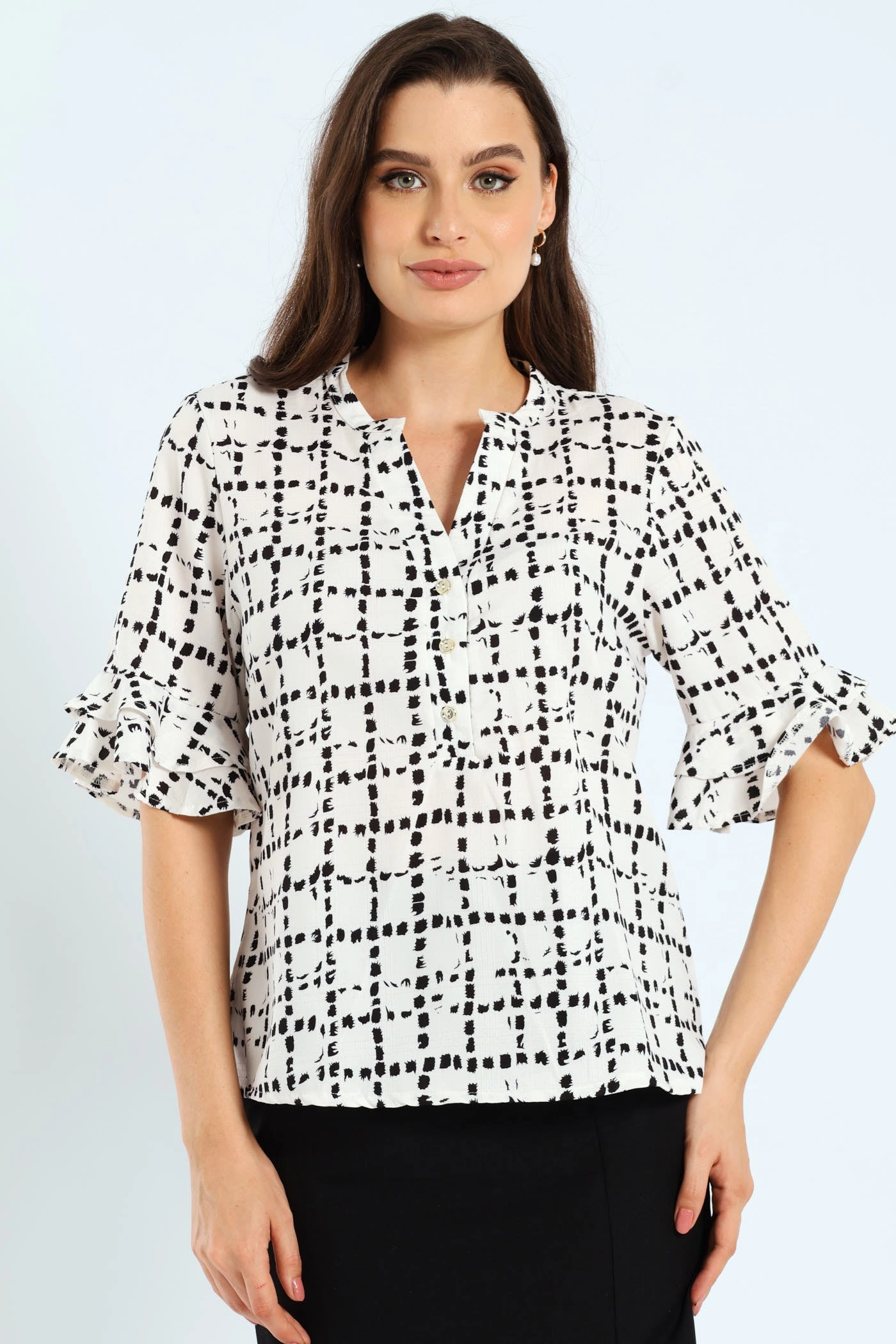 Mandarin Collar Frill Sleeve Blouse - Cream/Black