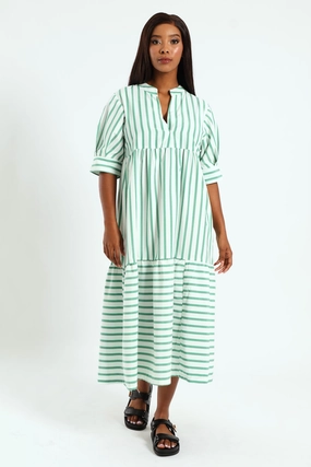 Mandarin Collar Tiered Midaxi Dress - White/Cabbage Ethical fashion choices Fashion history