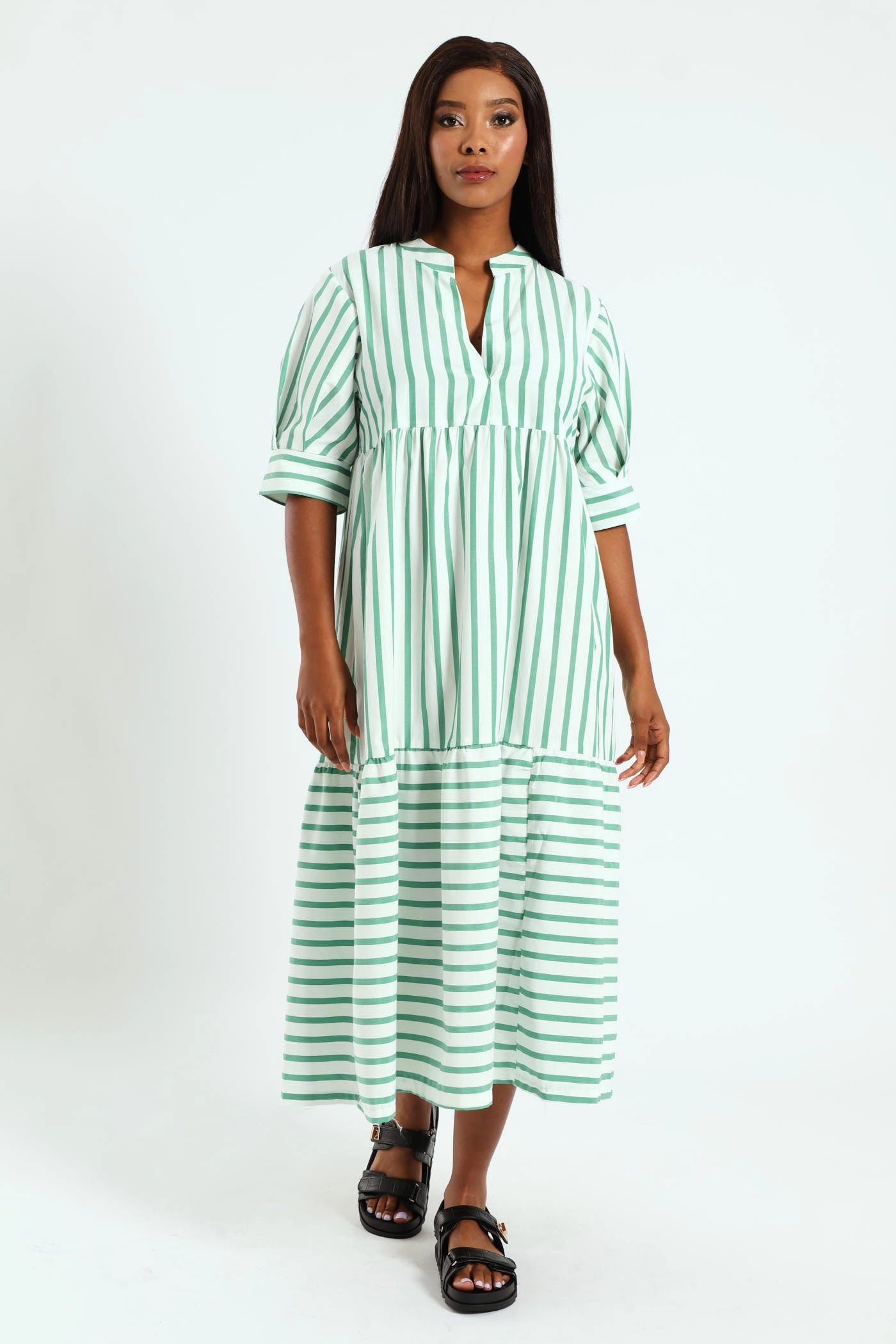 Mandarin Collar Tiered Midaxi Dress - White/Cabbage Ethical fashion choices Fashion history