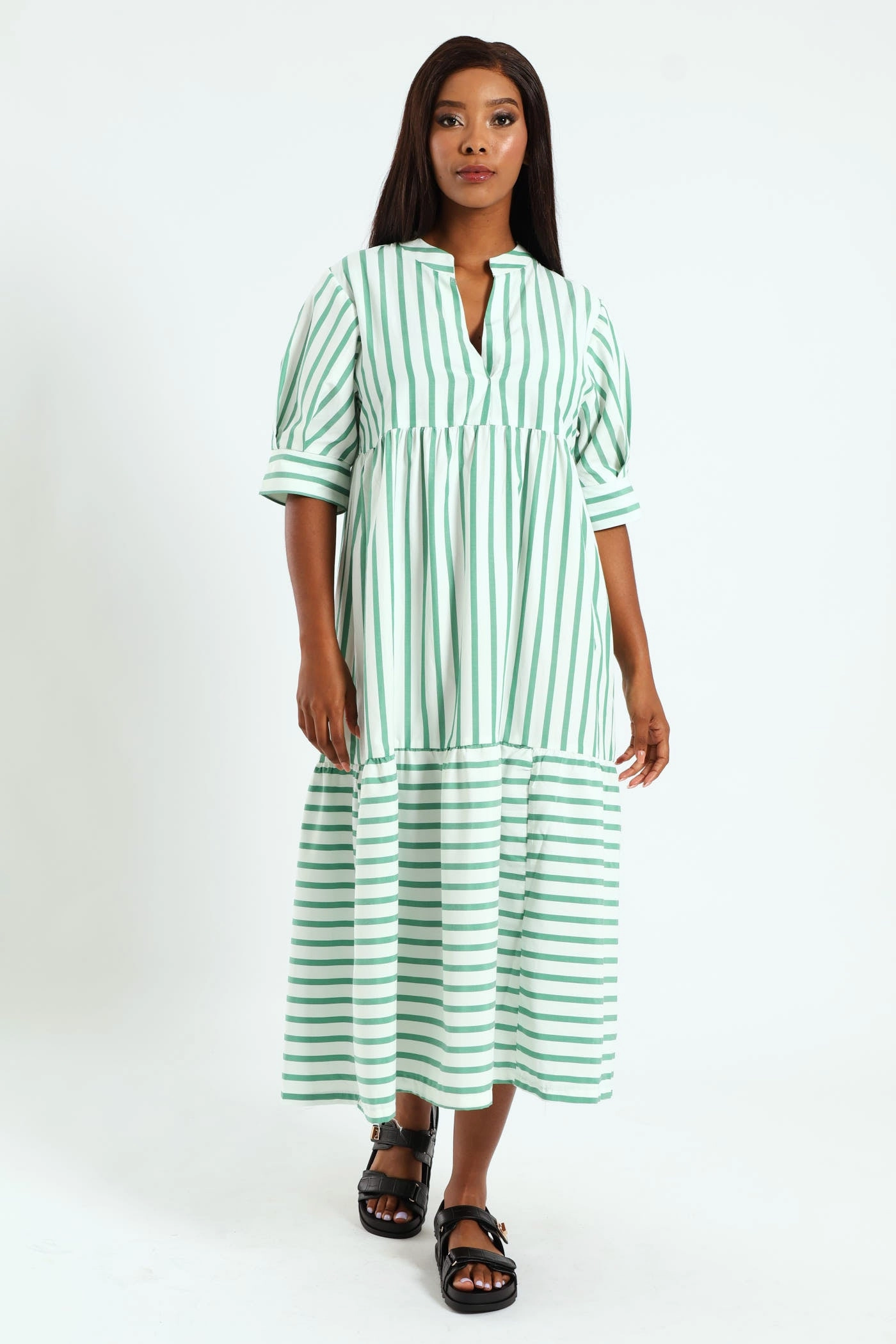 Mandarin Collar Tiered Midaxi Dress - White/Cabbage Fashionable options Fashion for all body types