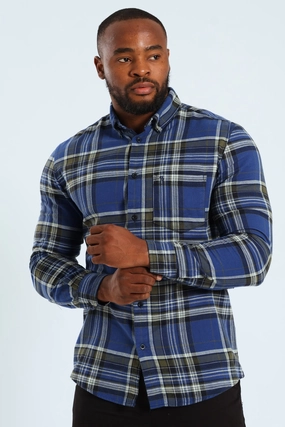 Military - inspired fashion Long Sleeve Check Shirt - Blue/Fatigue Fashion-forward items