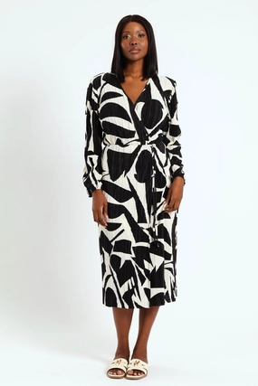 Mock Wrap Plisse Midi Dress - Black/Cream Fashion for all ages Fashion trends by region