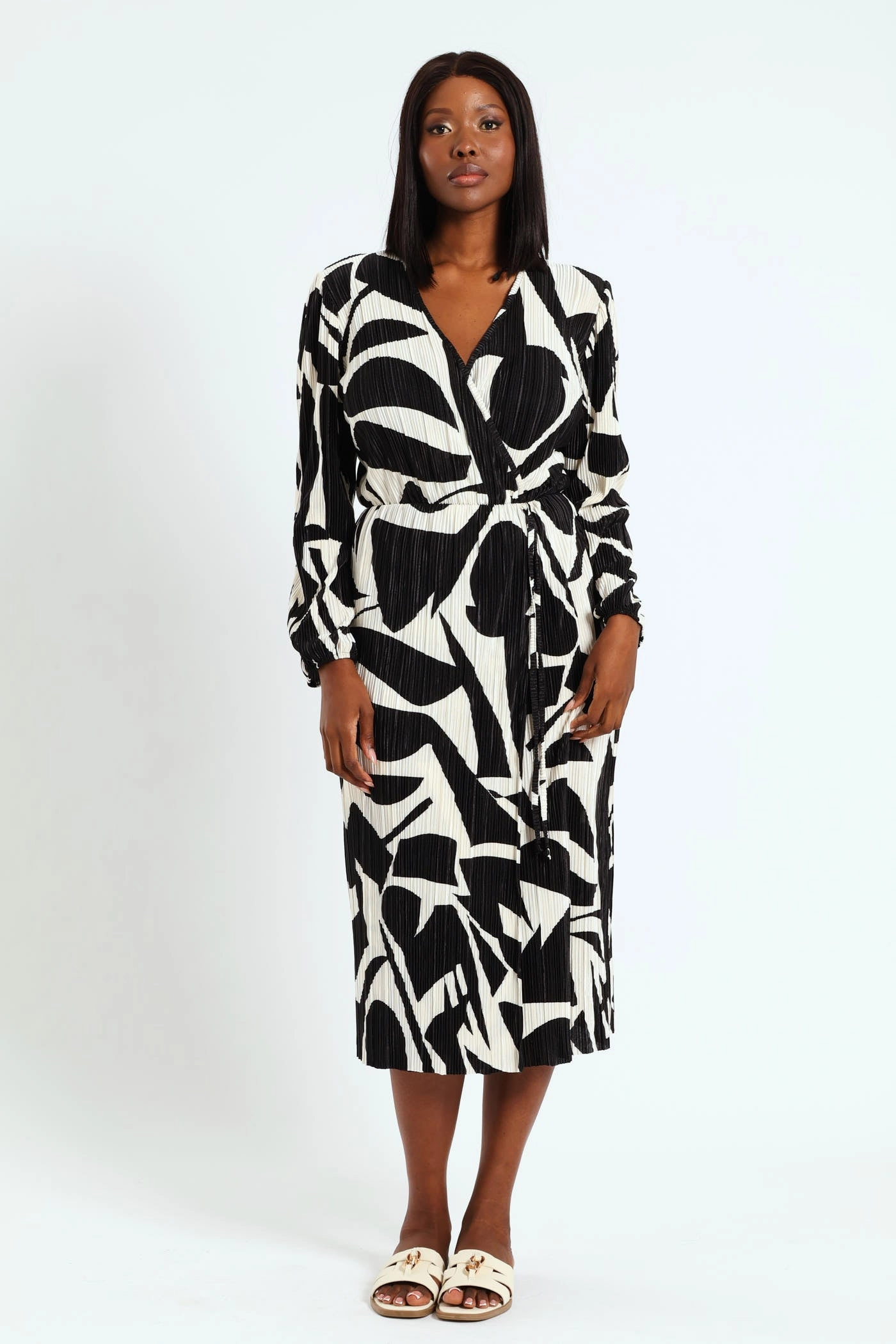 Fashion customization Mock Wrap Plisse Midi Dress - Black/Cream Clothing types