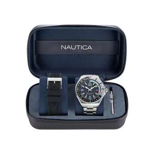 Nautica Men's Clearwater Beach Stainless Steel And Silicone Watch Box Set Multi Nautica