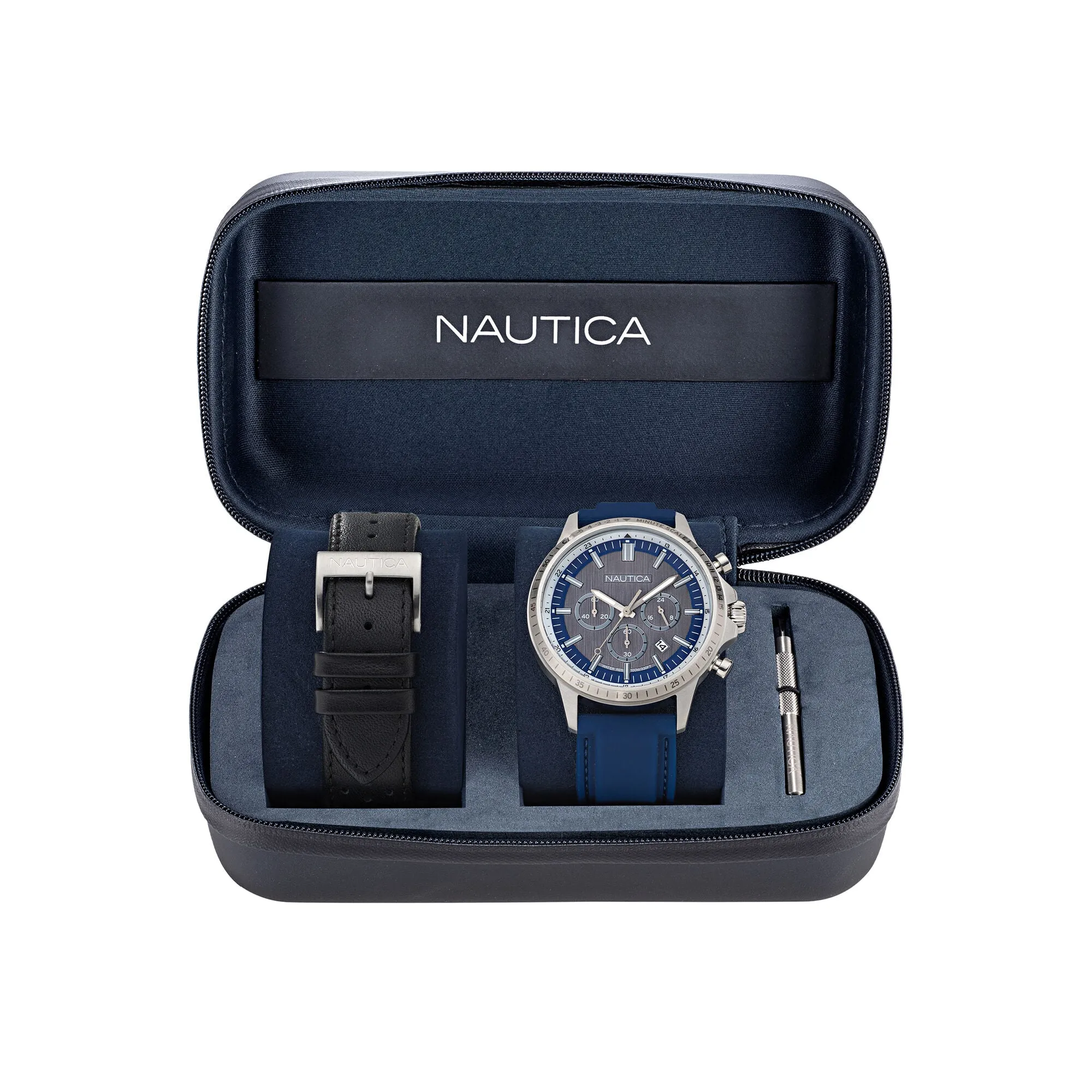 Nautica Mens Nct Blue Ocean Leather And Silicone Watch Box Set Nautica Clothing