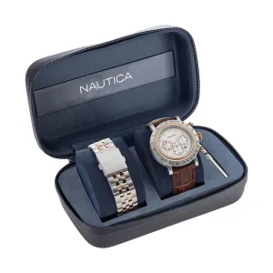 Nautica Men's Spettacolare Reissue Stainless Steel And Leather Watch Box Set Multi Nautica