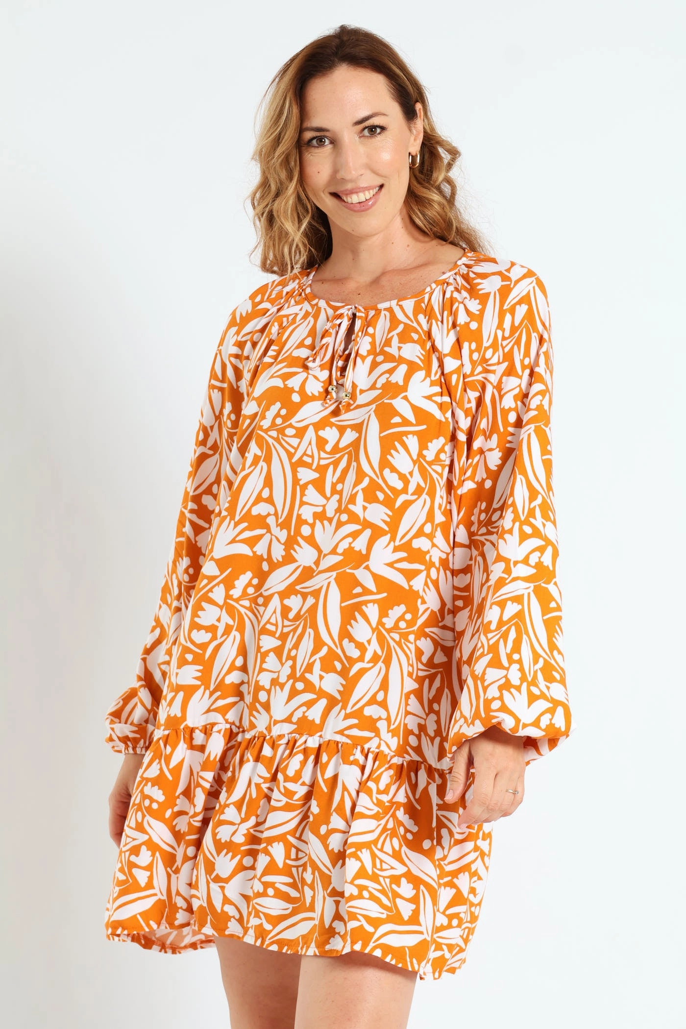 Casual wear options Drop Hem Shift Dress - White/Orange Ethical fashion choices