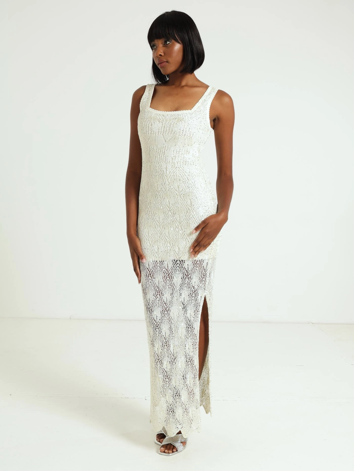 Square Neck Liza Dress - White Party wear Designer fashion items