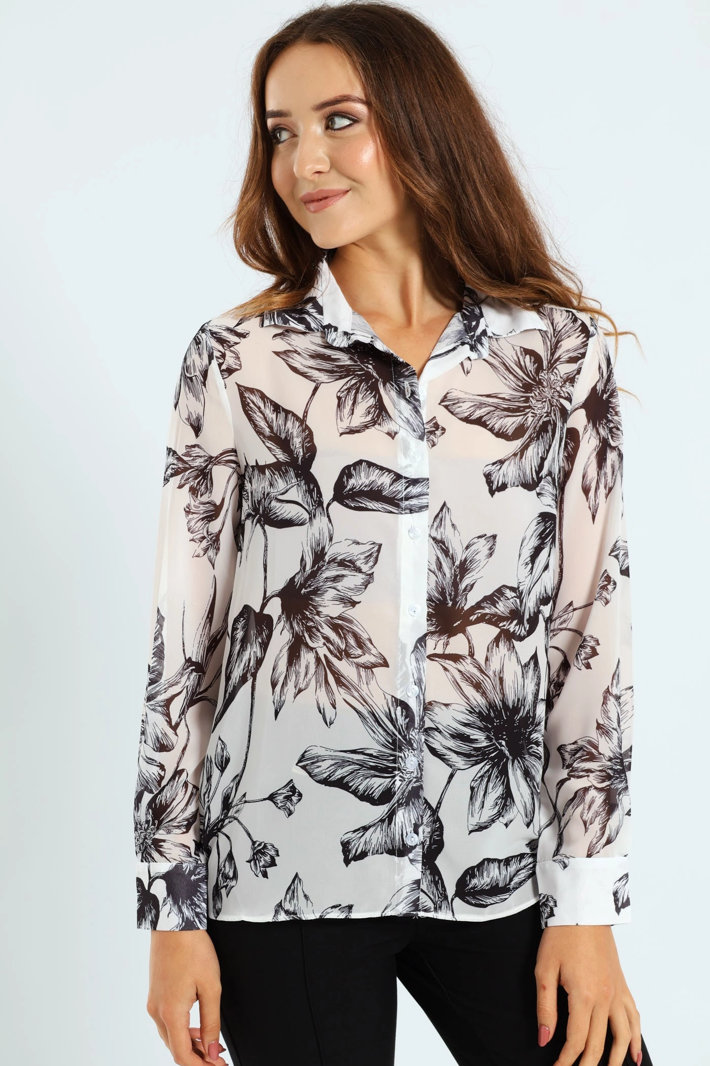 Monochrome Floral Chiffon Shirt - Cream/Black Ethical fashion choices Fashion customization