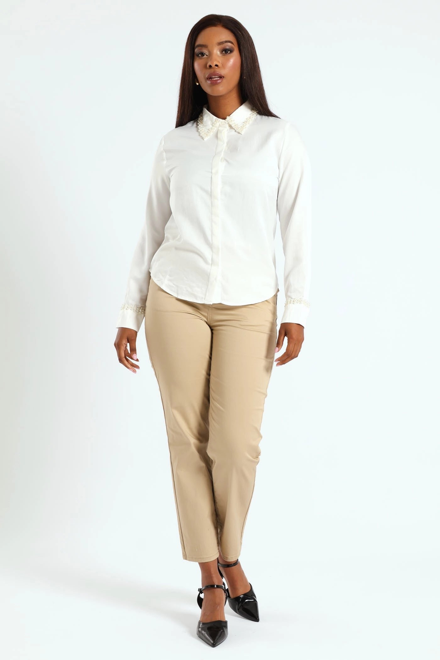 Pearl Collared Satin Shirt - Cream Wool - sourced fashion Smart fashion (wearables)