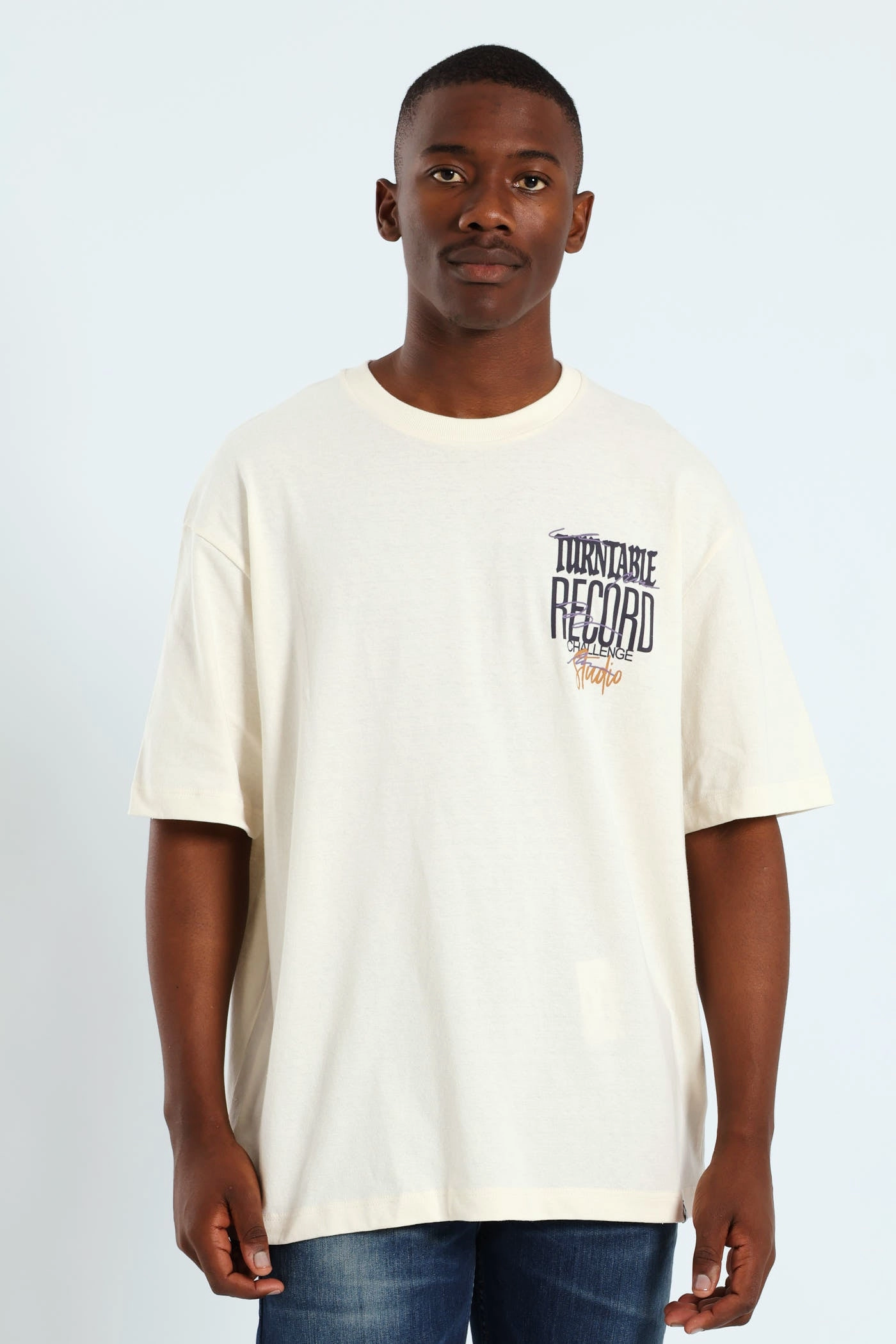 Oversized Record Print Front & Back Tee - Stone