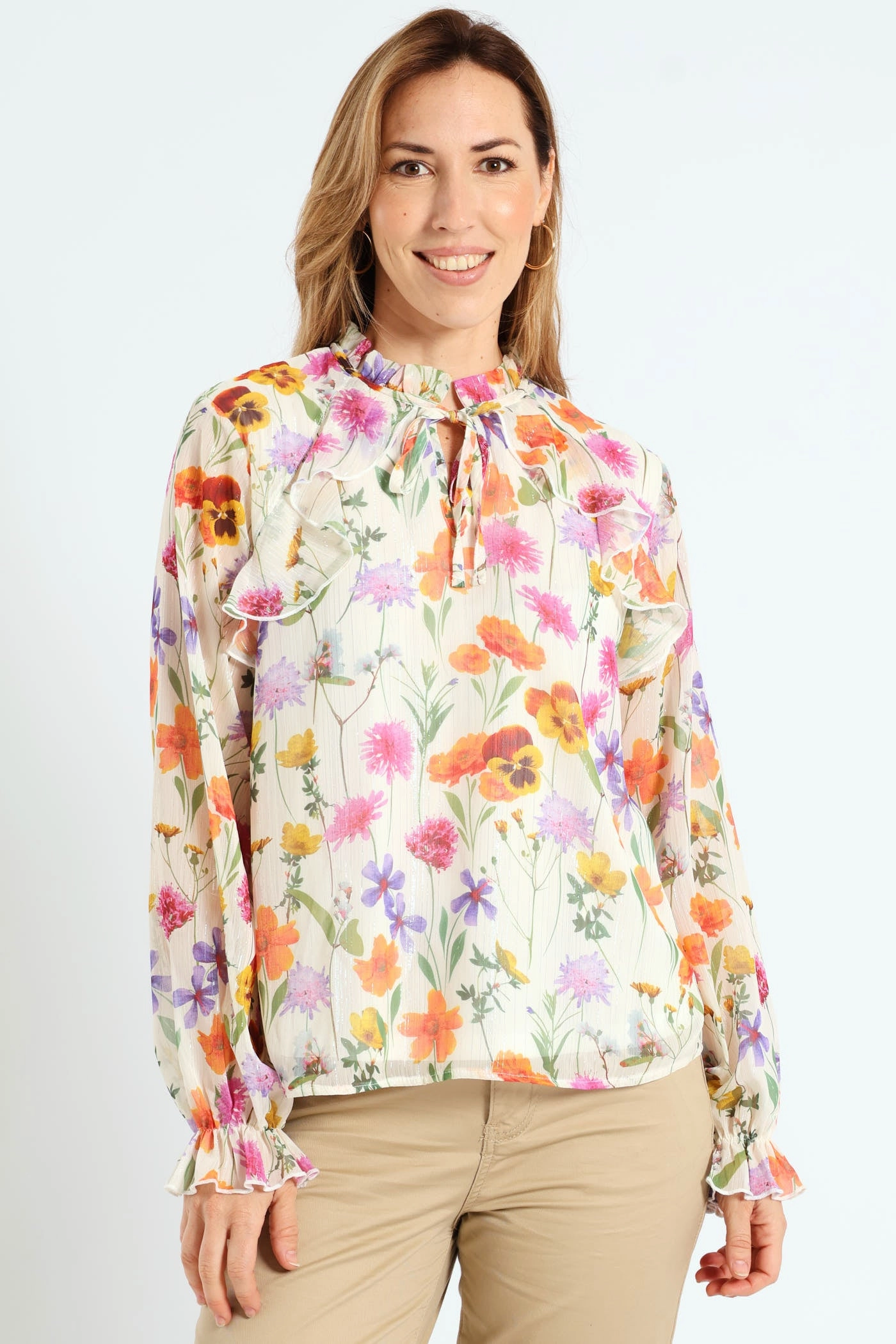 Peasant Tie Up Frill Blouse - Cream