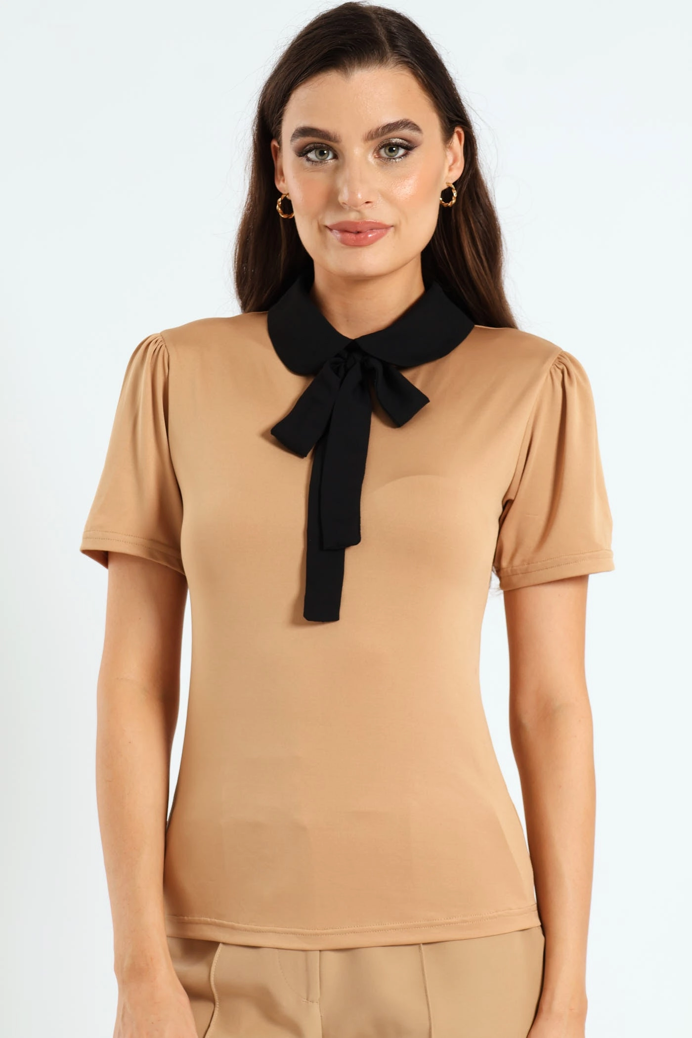 Peter Pan Preppy Tie Up Blouse - Taupe