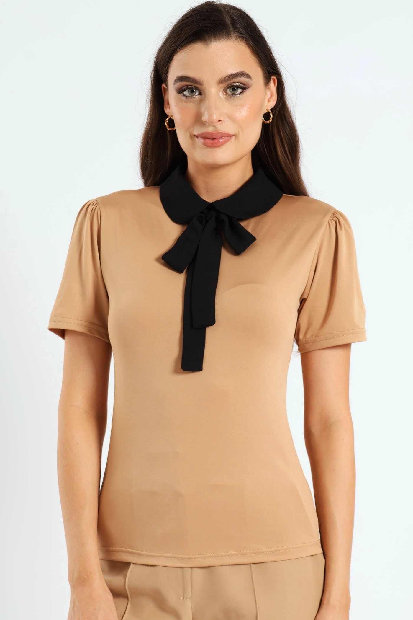 Peter Pan Preppy Tie Up Blouse - Taupe