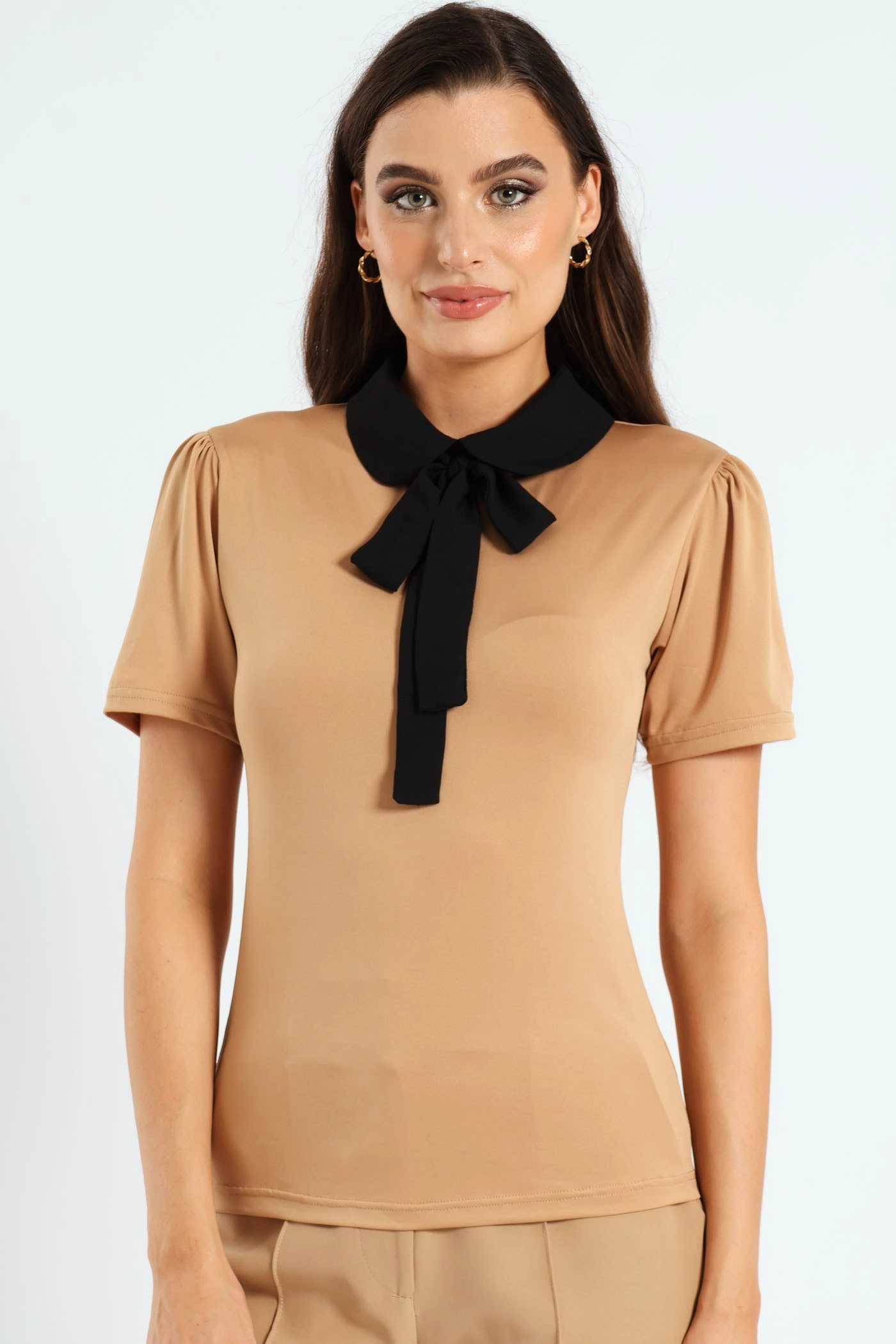 Peter Pan Preppy Tie Up Blouse - Taupe