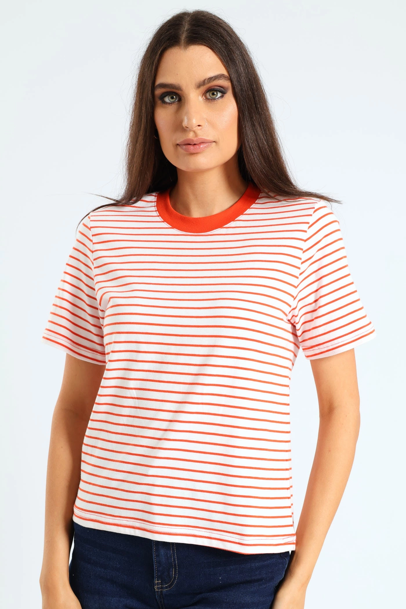 Plain Rib Neck Boxy Skinny-Stripe Tee - Tangerine