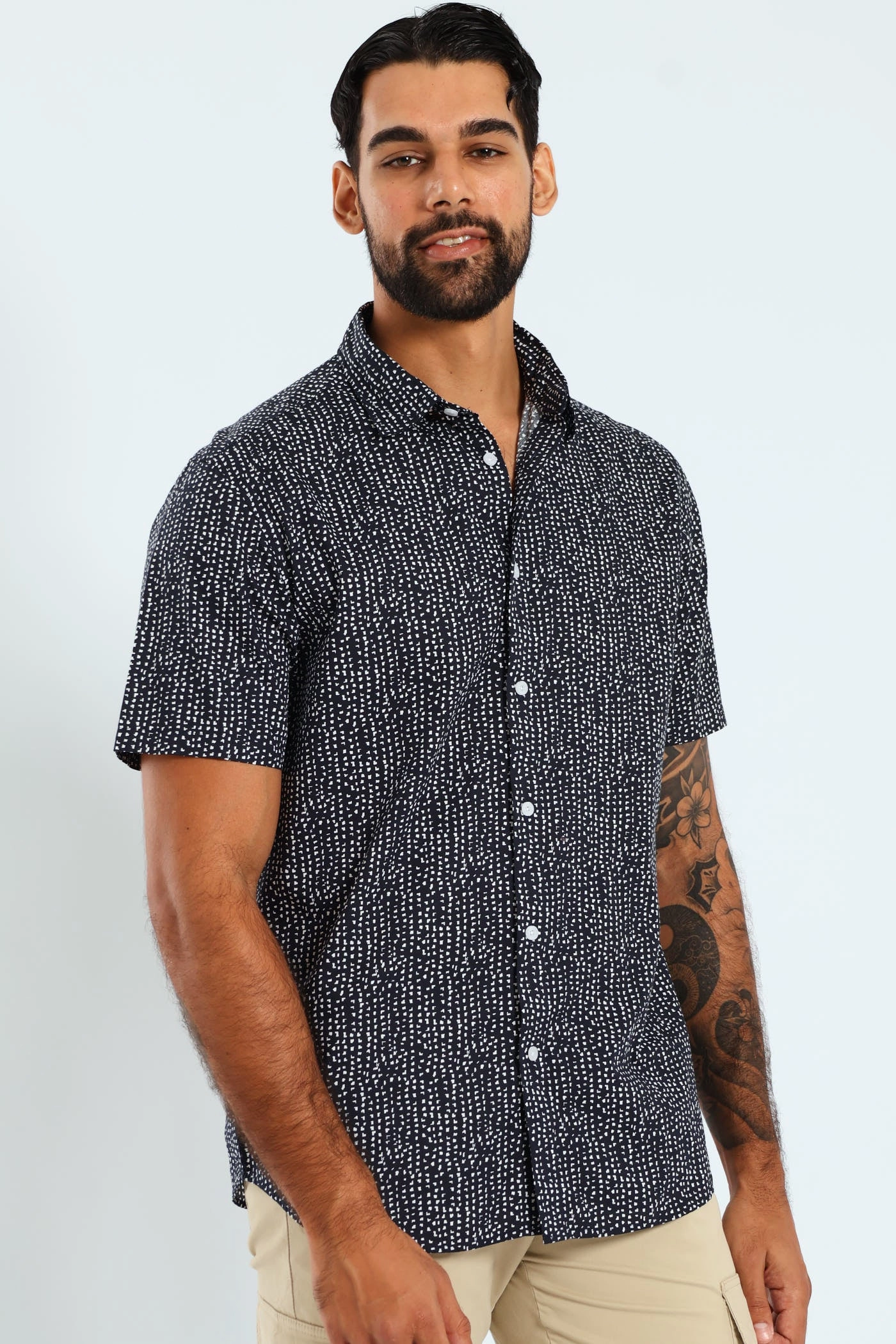 Fashionable options Short Sleeve Block Print Shirt - Navy Linen - crafted fashion