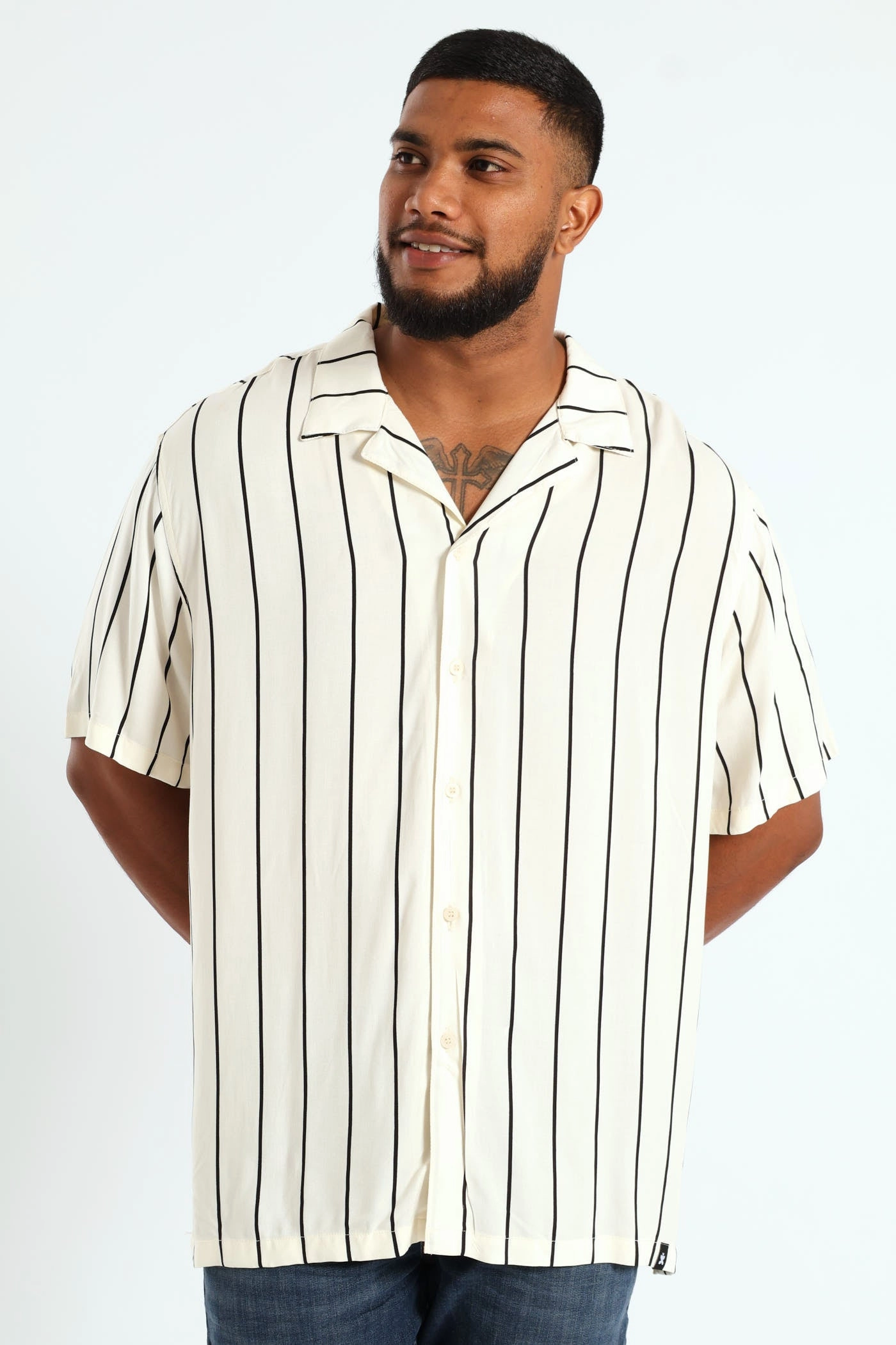 Short Sleeve Stripe Shirt - Off White Recycled fashion materials Online fashion shopping