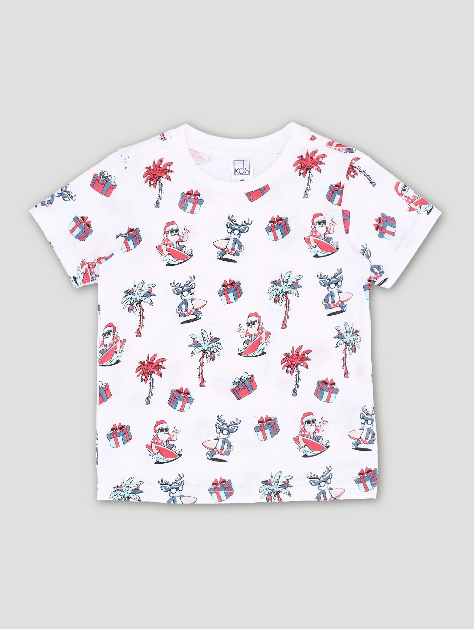 Pre-Boys Christmas Santa Surf Print Top - White