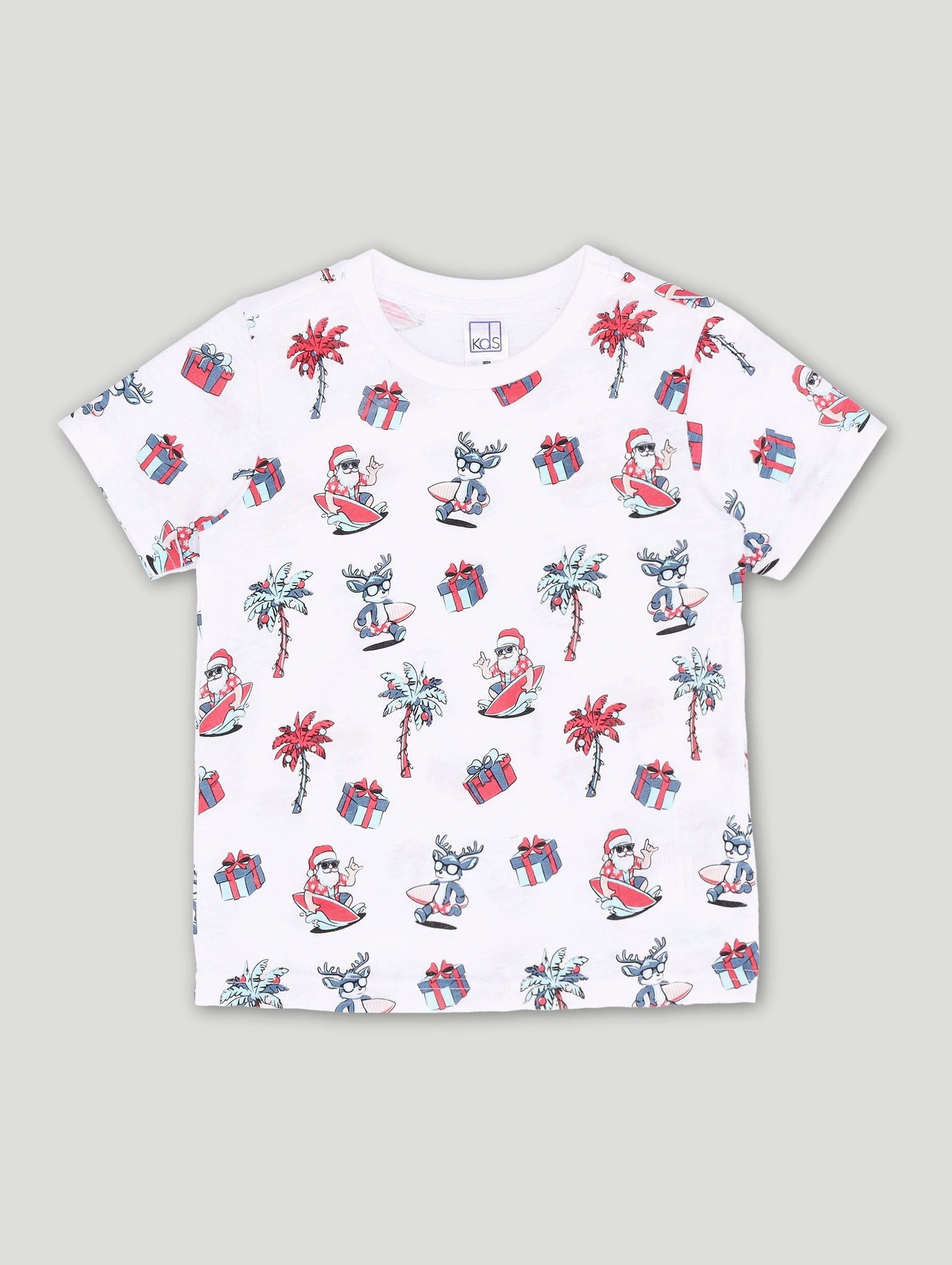 Pre-Boys Christmas Santa Surf Print Top - White