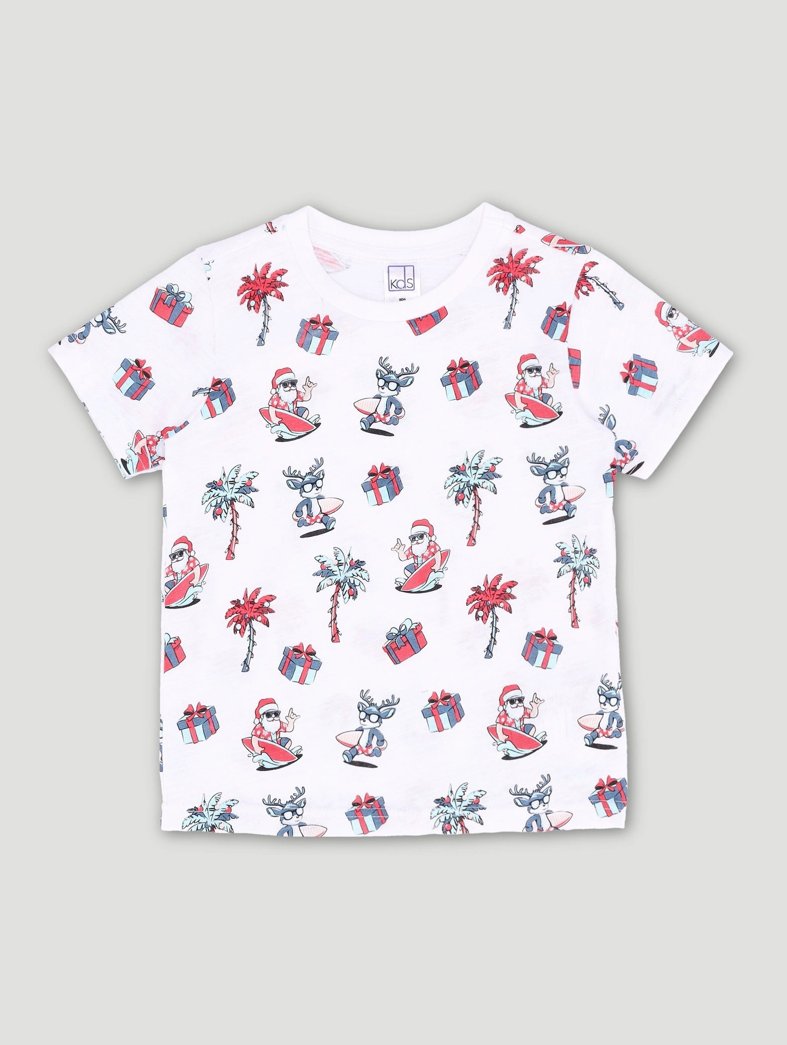 Pre-Boys Christmas Santa Surf Print Top - White