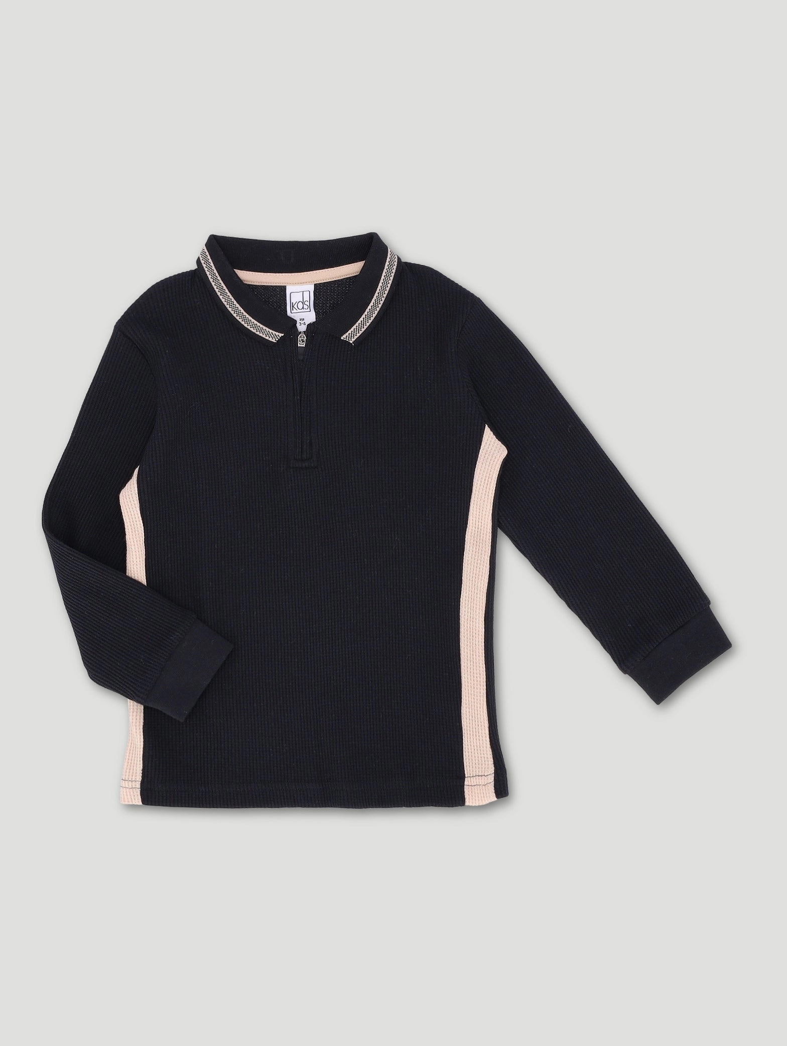 Pre-Boys Waffle Zip Colourblock Tee - Black/Beige