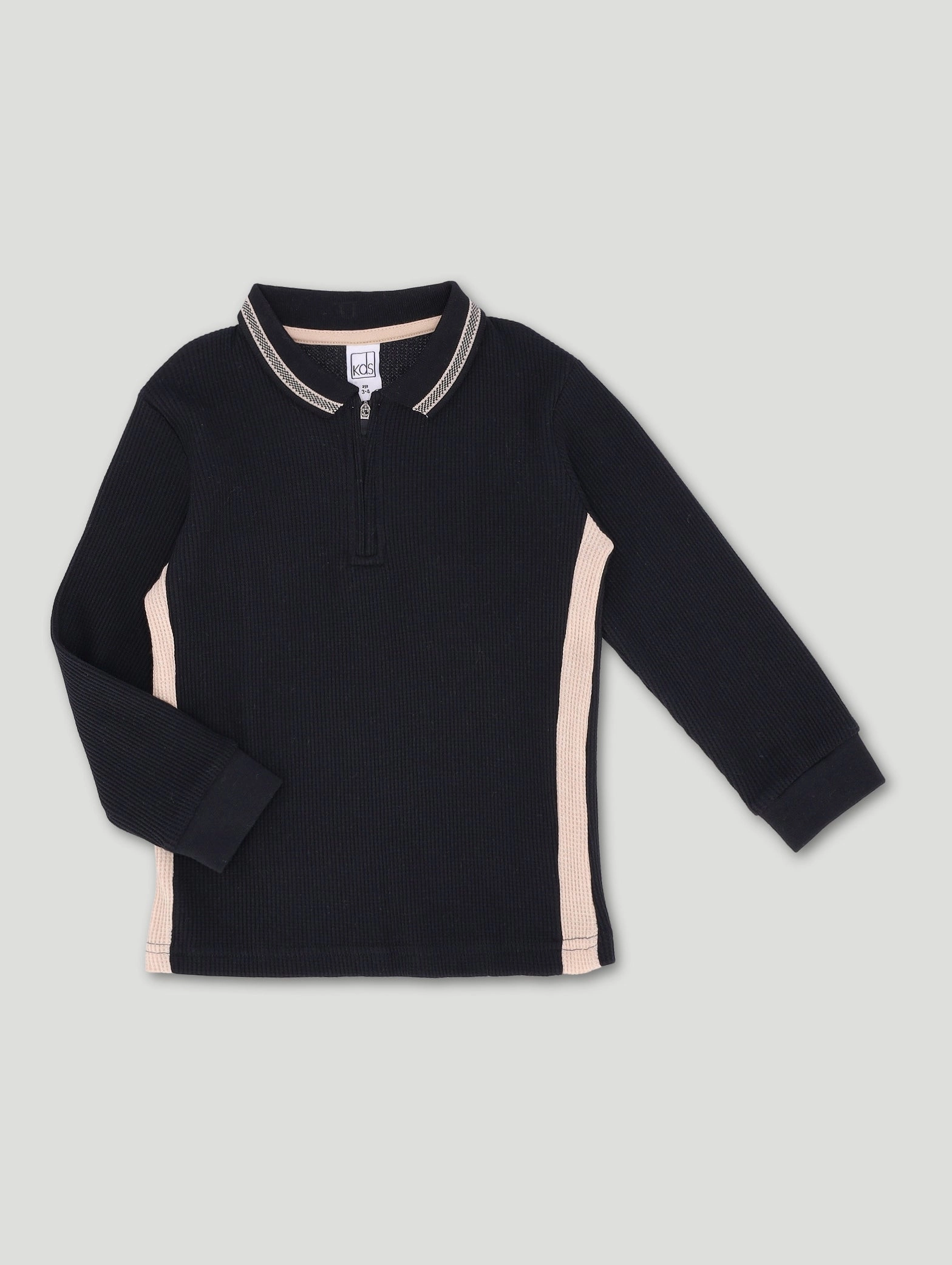 Pre-Boys Waffle Zip Colourblock Tee - Black/Beige