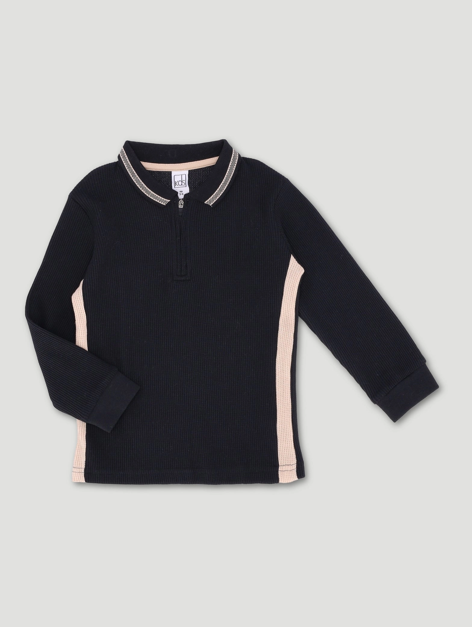 Pre-Boys Waffle Zip Colourblock Tee - Black/Beige