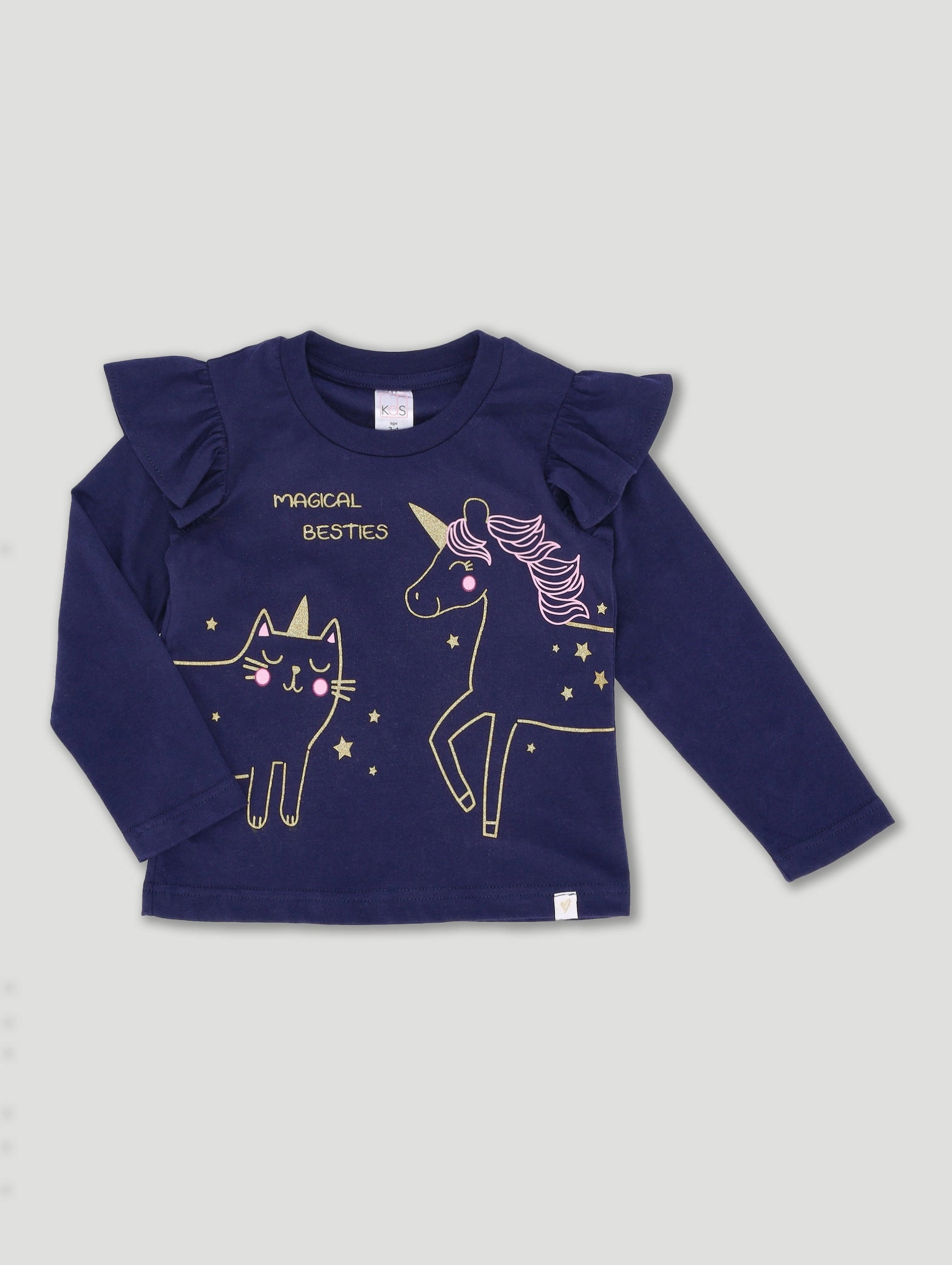 Pre-Girls Long Sleeve Unicorn & Cat Top - Navy