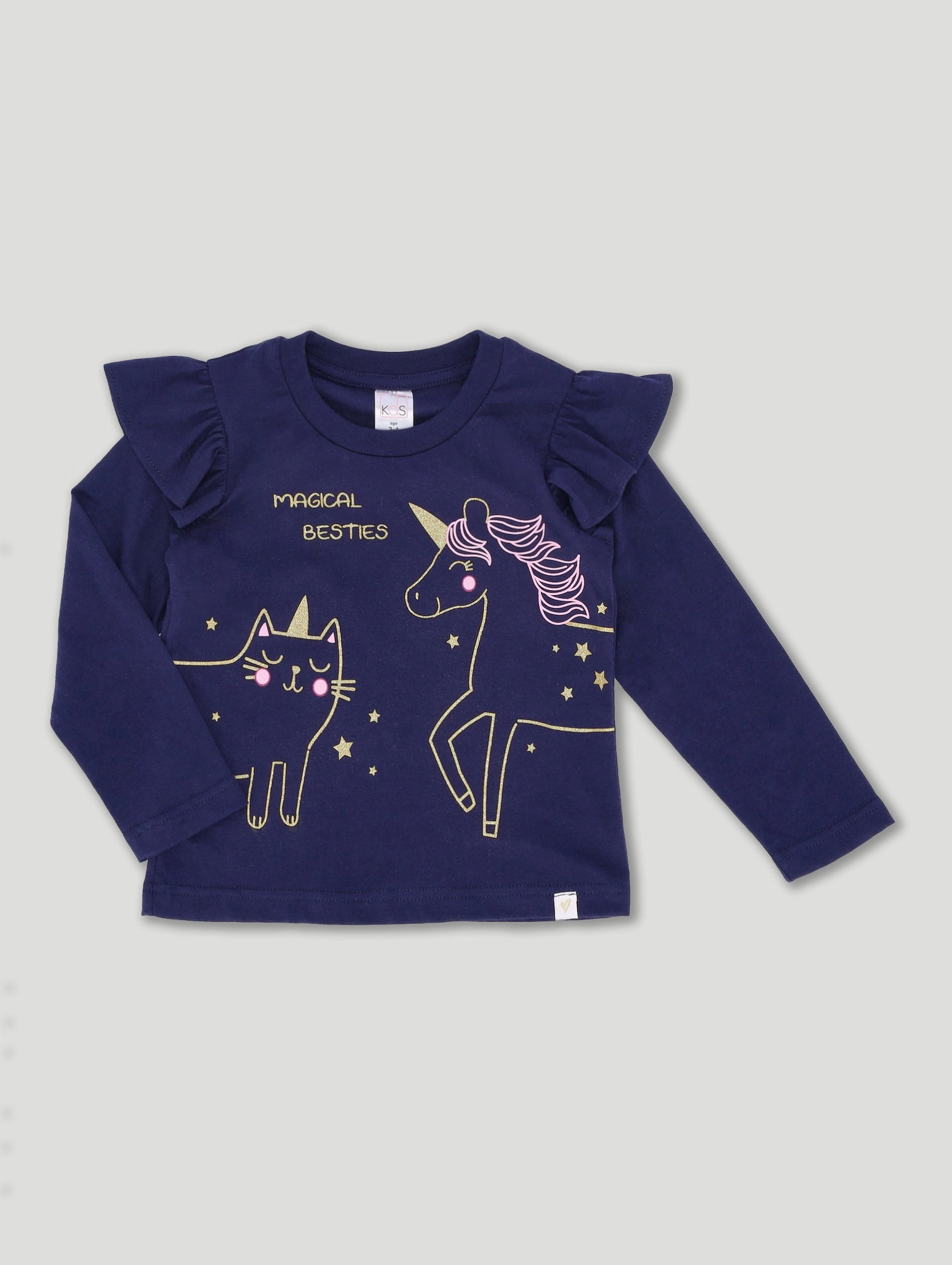Pre-Girls Long Sleeve Unicorn & Cat Top - Navy