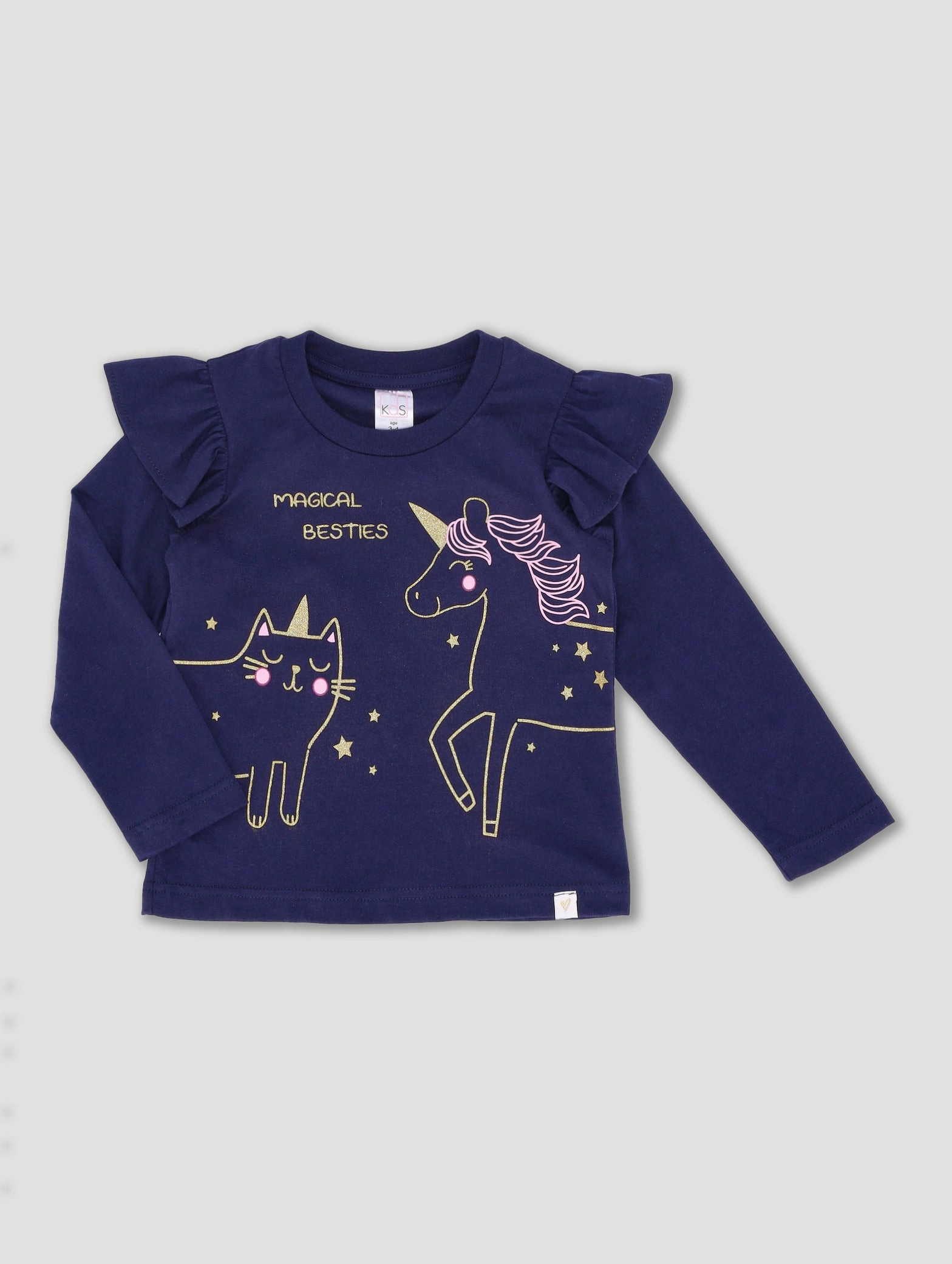 Pre-Girls Long Sleeve Unicorn & Cat Top - Navy