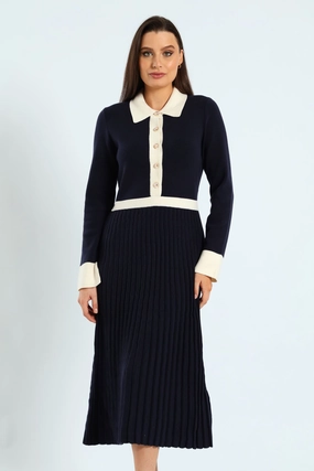 Preppy Pleated Knitwear Midi Dress - Navy Fashion customization Fashionable goods
