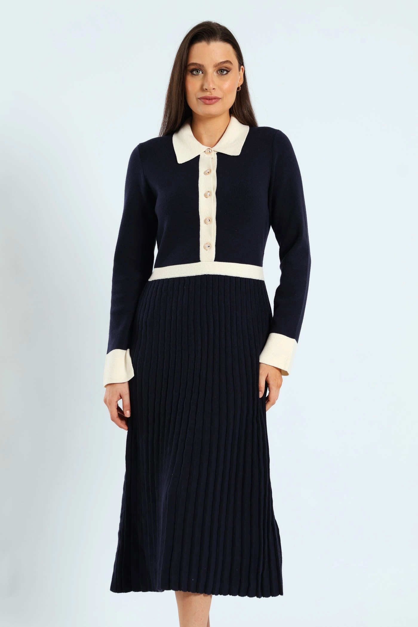 Preppy Pleated Knitwear Midi Dress - Navy Outerwear options Hip - hop fashion