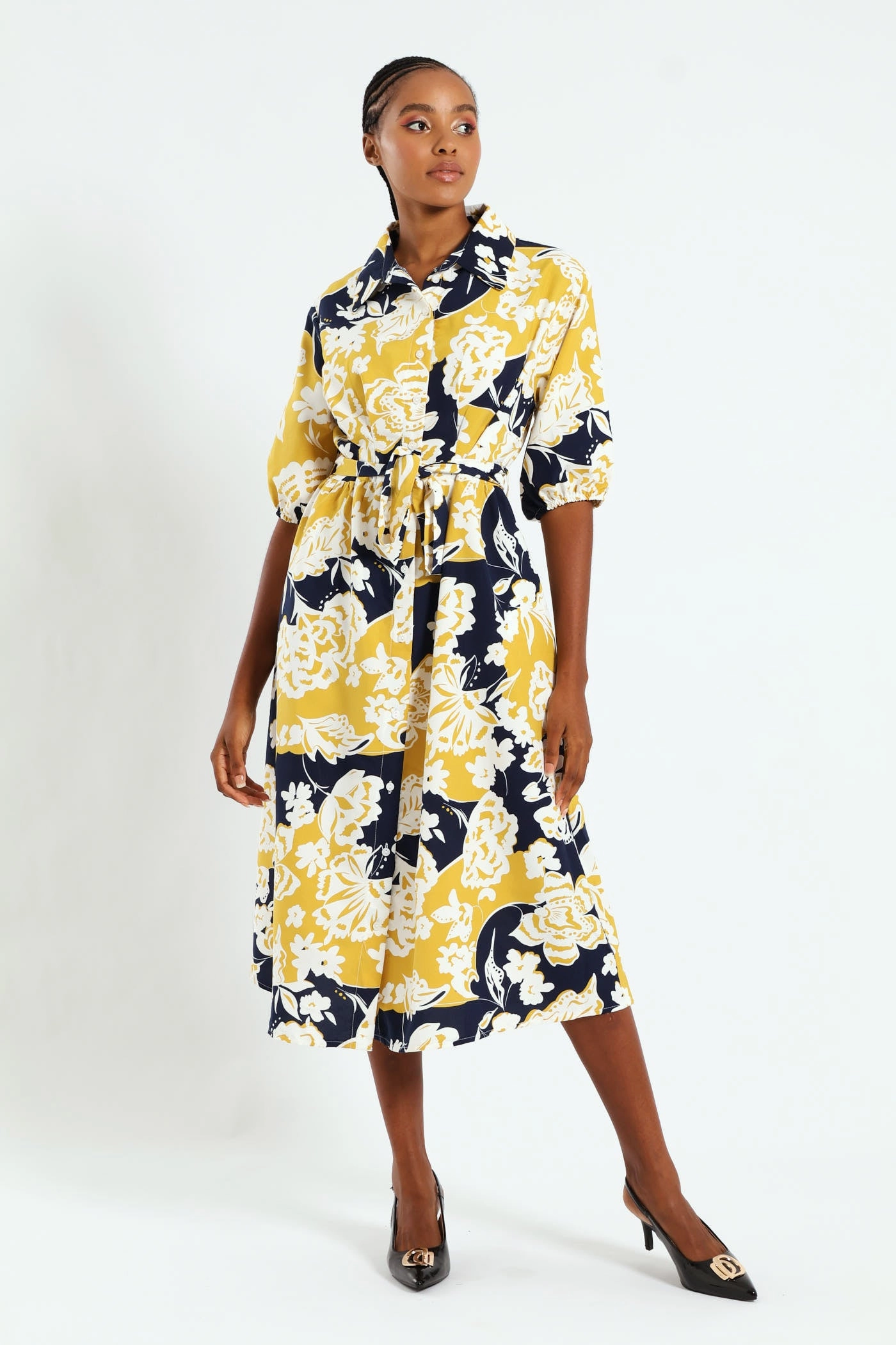 Button Through Collared Belted Midi Dress - Multi Linen - crafted fashion Workwear options