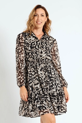 Preppy style items Button Through Tiered Frill Hem Tea Dress - Black/Cream Hip - hop fashion