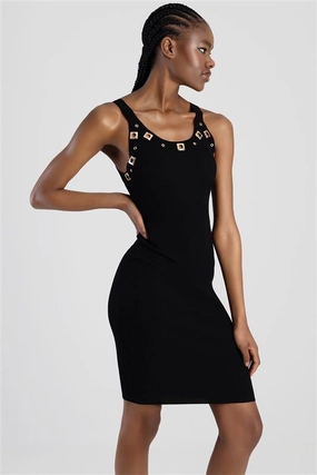 Preppy style items Fitted Dress With Hardware Details - Black Beaded fashion items