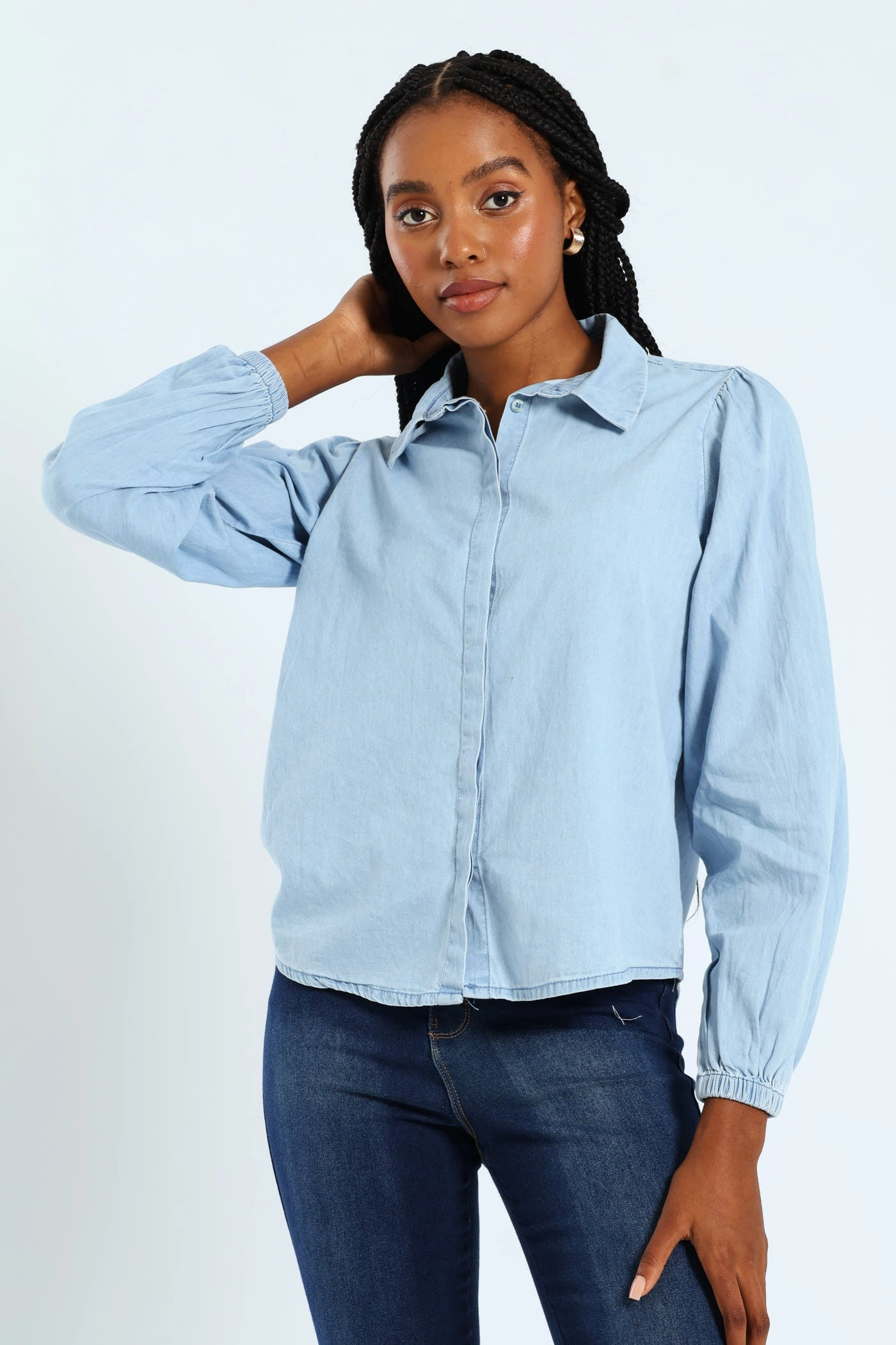 Puff Sleeve Chambray Shirt - Light Wash