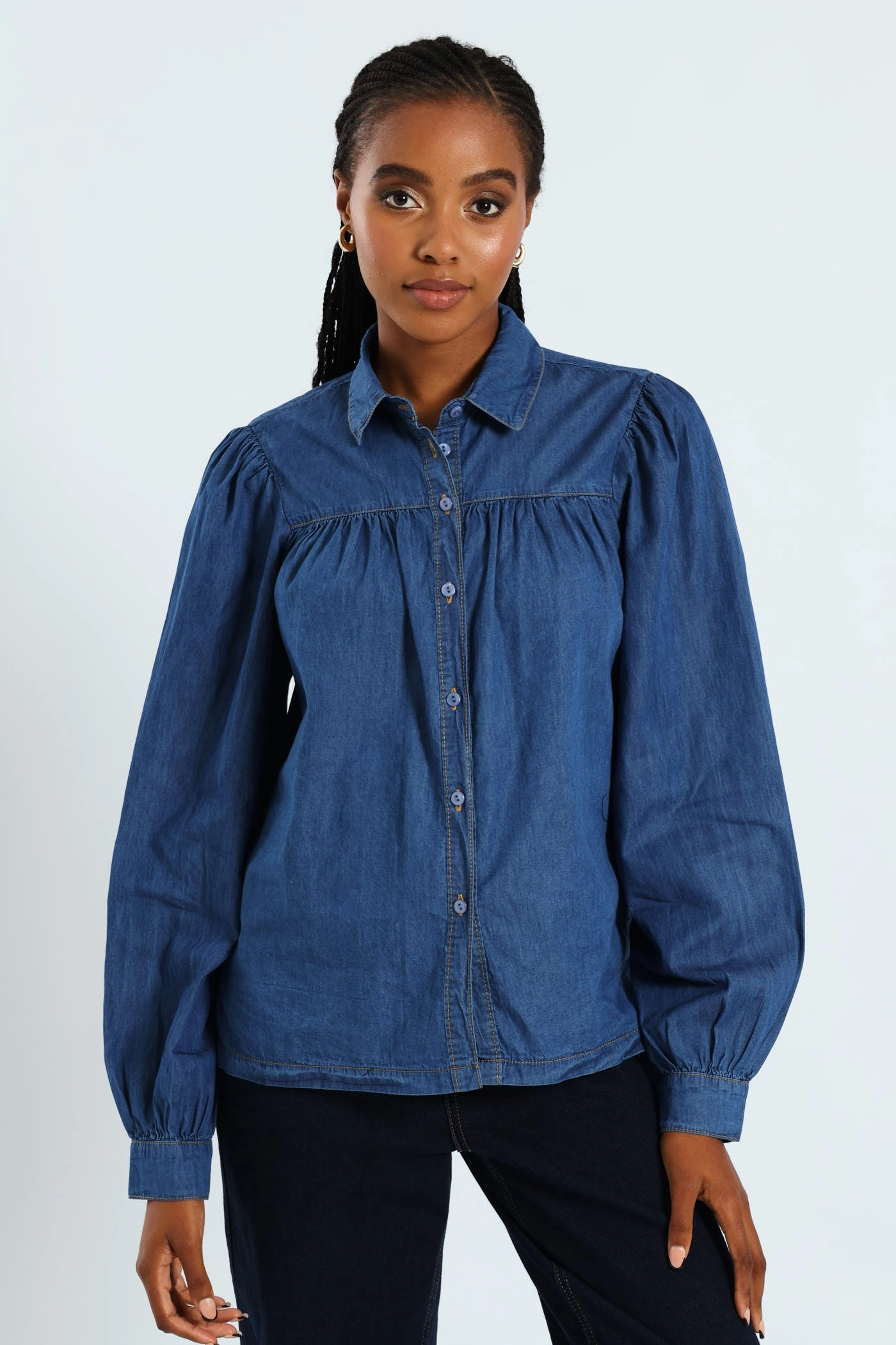 Puff Sleeve Chambray Shirt - Medium Wash
