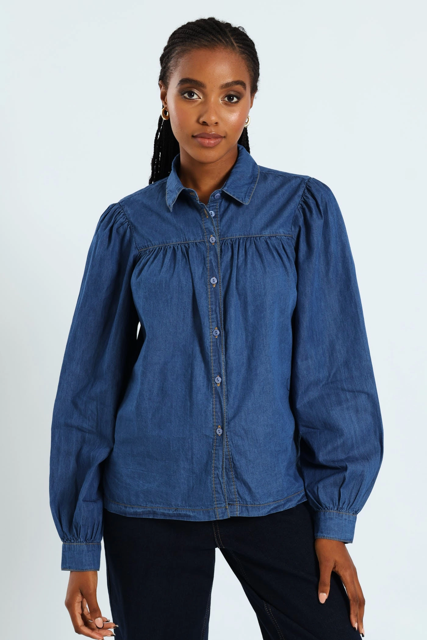 Puff Sleeve Chambray Shirt - Medium Wash