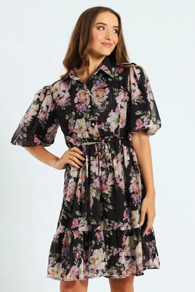 Puff Sleeve Waisted Tea Dress High - end fashion Cotton - made fashion