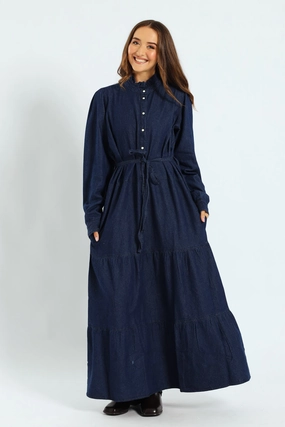 Recycled fashion materials Frill Neck Tiered Belted Maxi Dress Denim - based fashion
