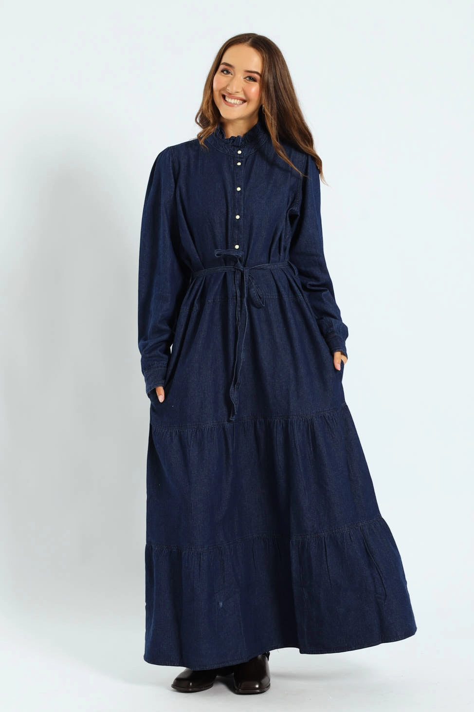 Recycled fashion materials Frill Neck Tiered Belted Maxi Dress Denim - based fashion