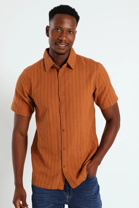 Reverend Collar Plain Stripe Shirt - Rust Fashionable options Fashion exhibitions