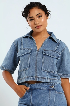 Seasonal wear Boxy Denim Shirt - Mid Blue Preppy style items