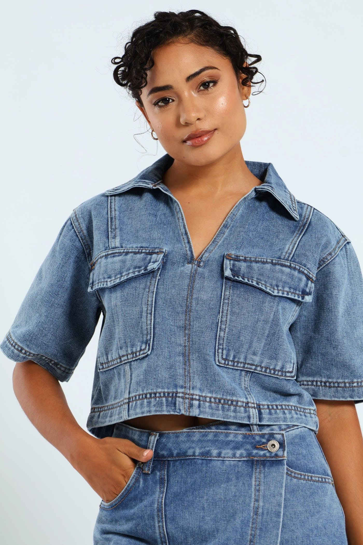 Boxy Denim Shirt - Mid Blue Fashion for all body types Evening wear