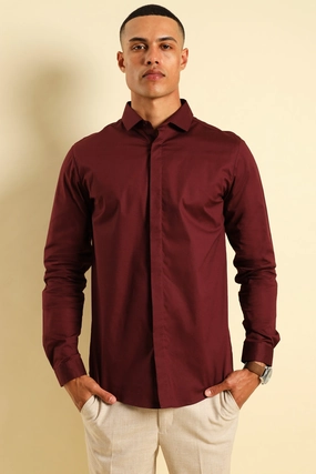 Seasonal wear Stretch Concealed Placket Shirt - Burgundy Cotton - made fashion