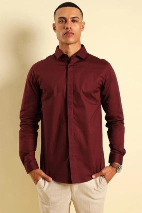 Seasonal wear Stretch Concealed Placket Shirt - Burgundy Cotton - made fashion