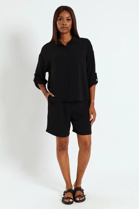 Seasonal wear Tab & Button Detail Long Sleeve Relaxed Shirt - Black Quality apparel