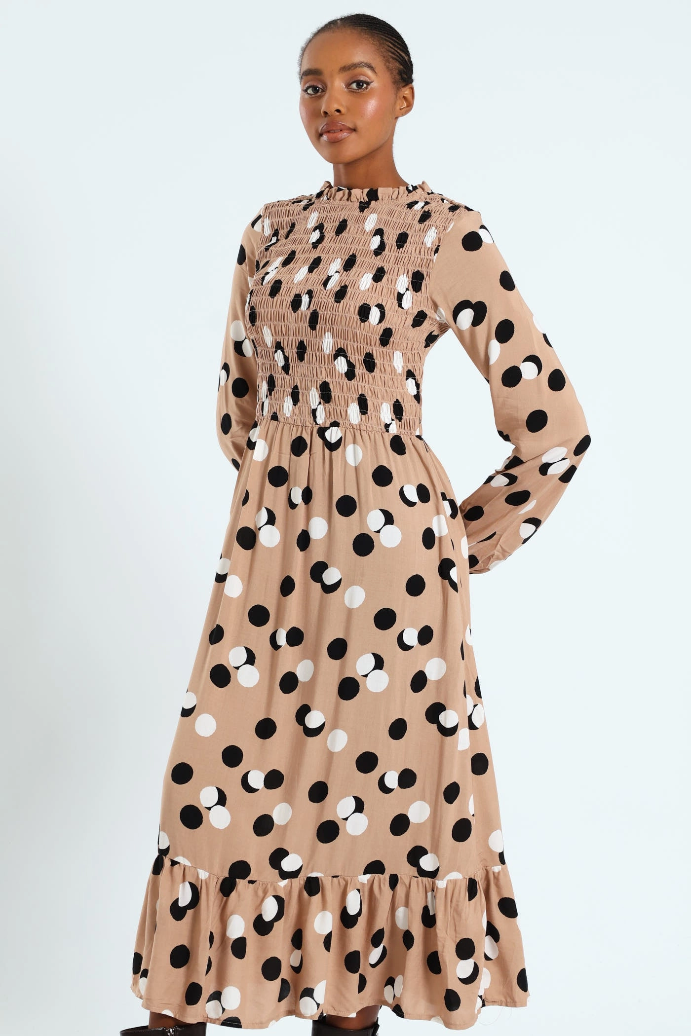 Shirred Bodice Frill Midi Dress - Beige/Black Fashion customization Retro fashion finds