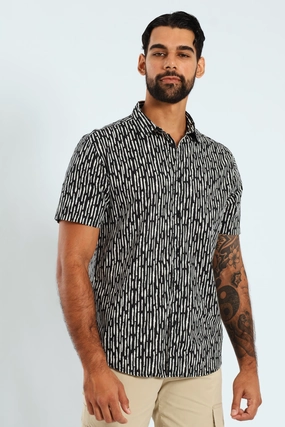 Short Sleeve Bark Print Shirt - Black Sustainable fashion Denim - based fashion